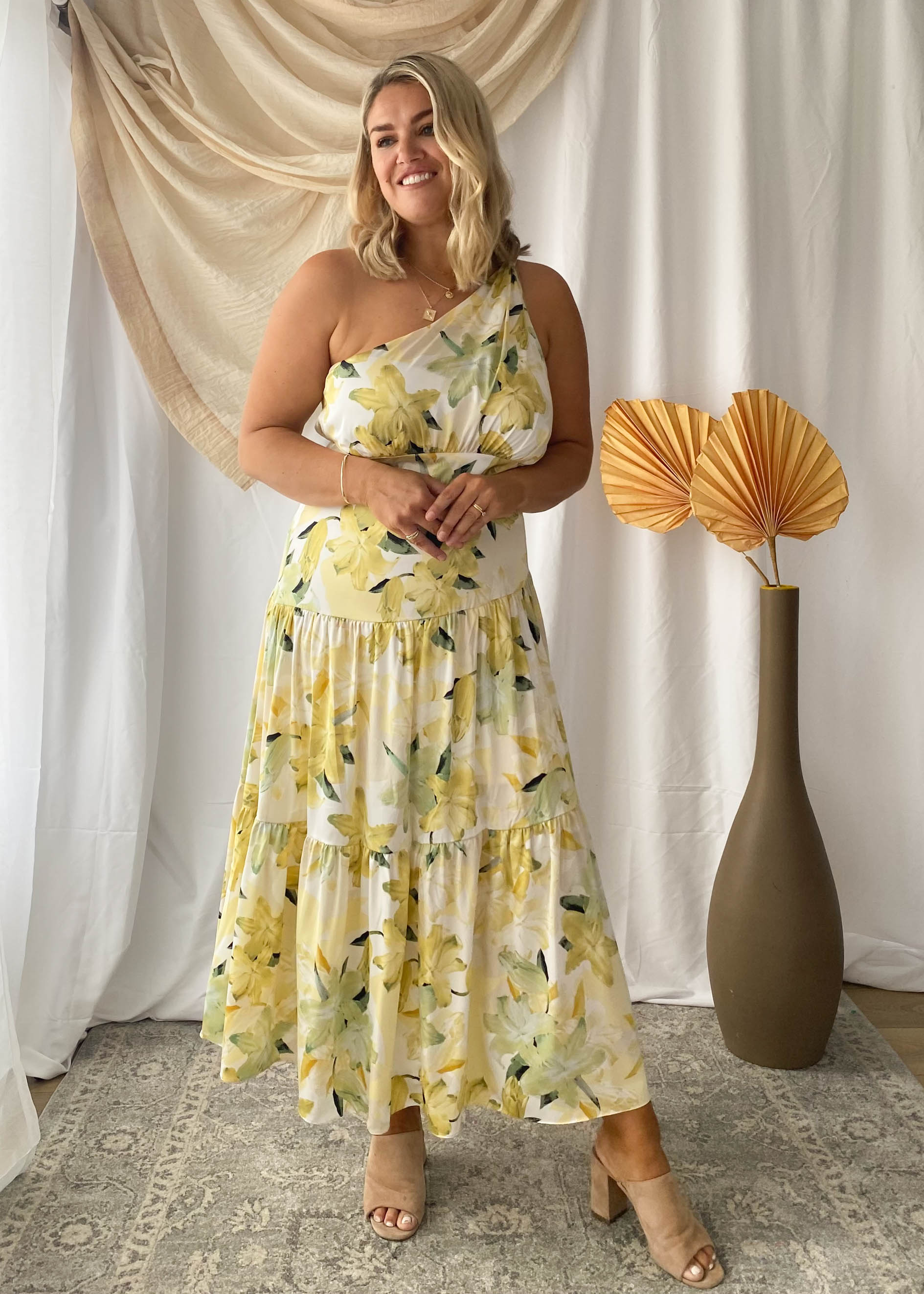 Rummi One Shoulder Midi Dress - Lemon Flowers