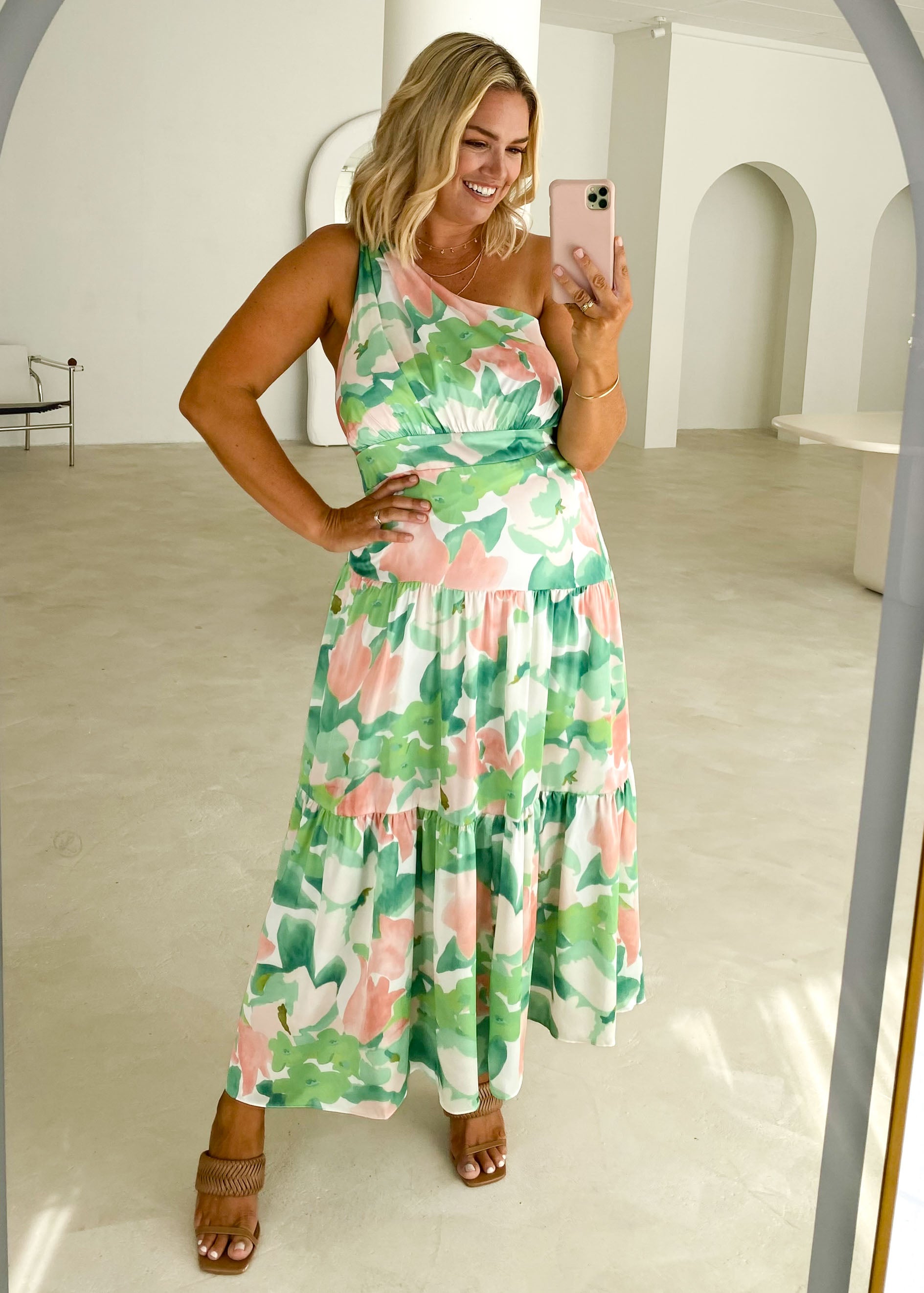 Rummi One Shoulder Midi Dress - Green Floral