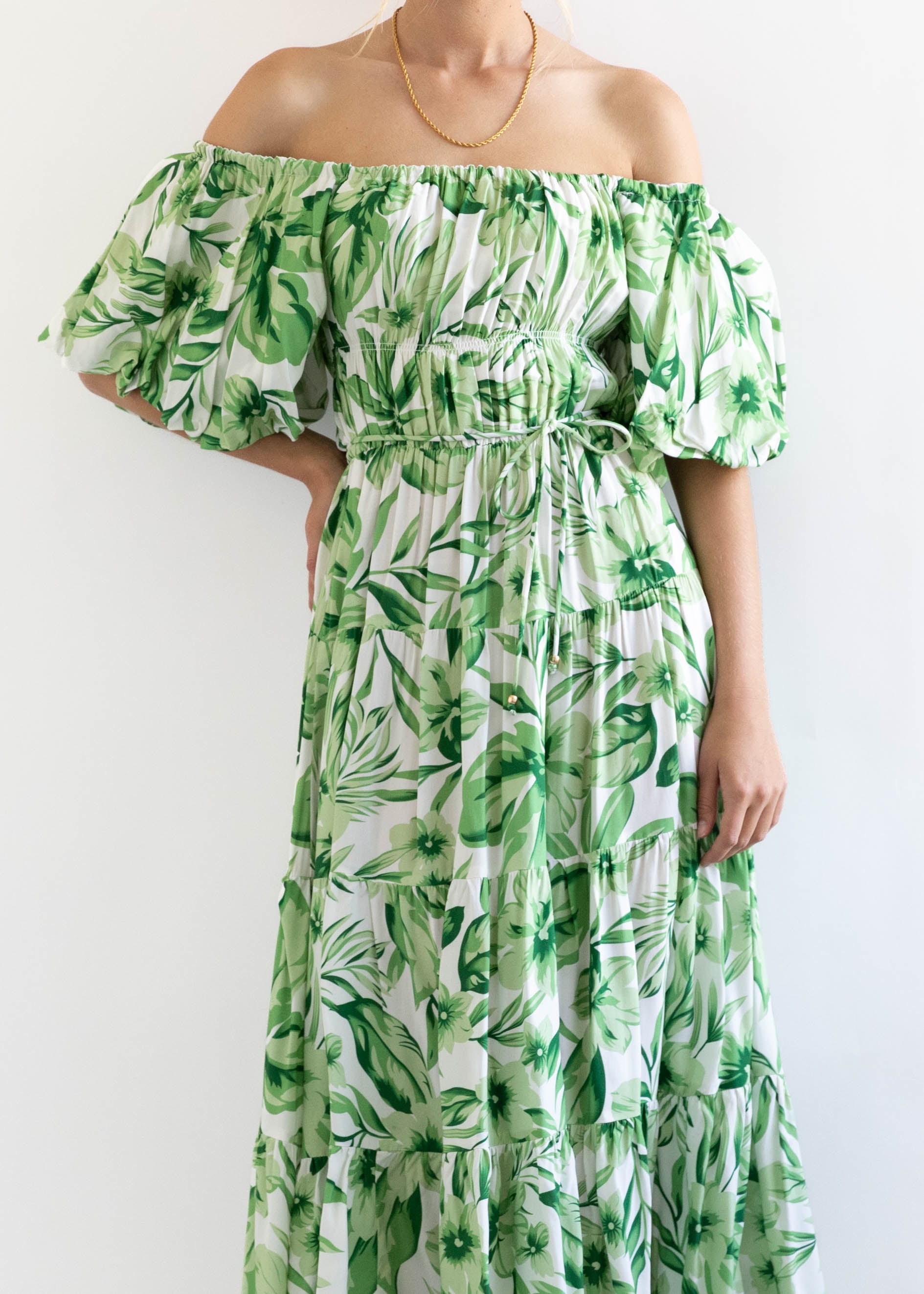 Auria Off Shoulder Midi Dress - Green Floral