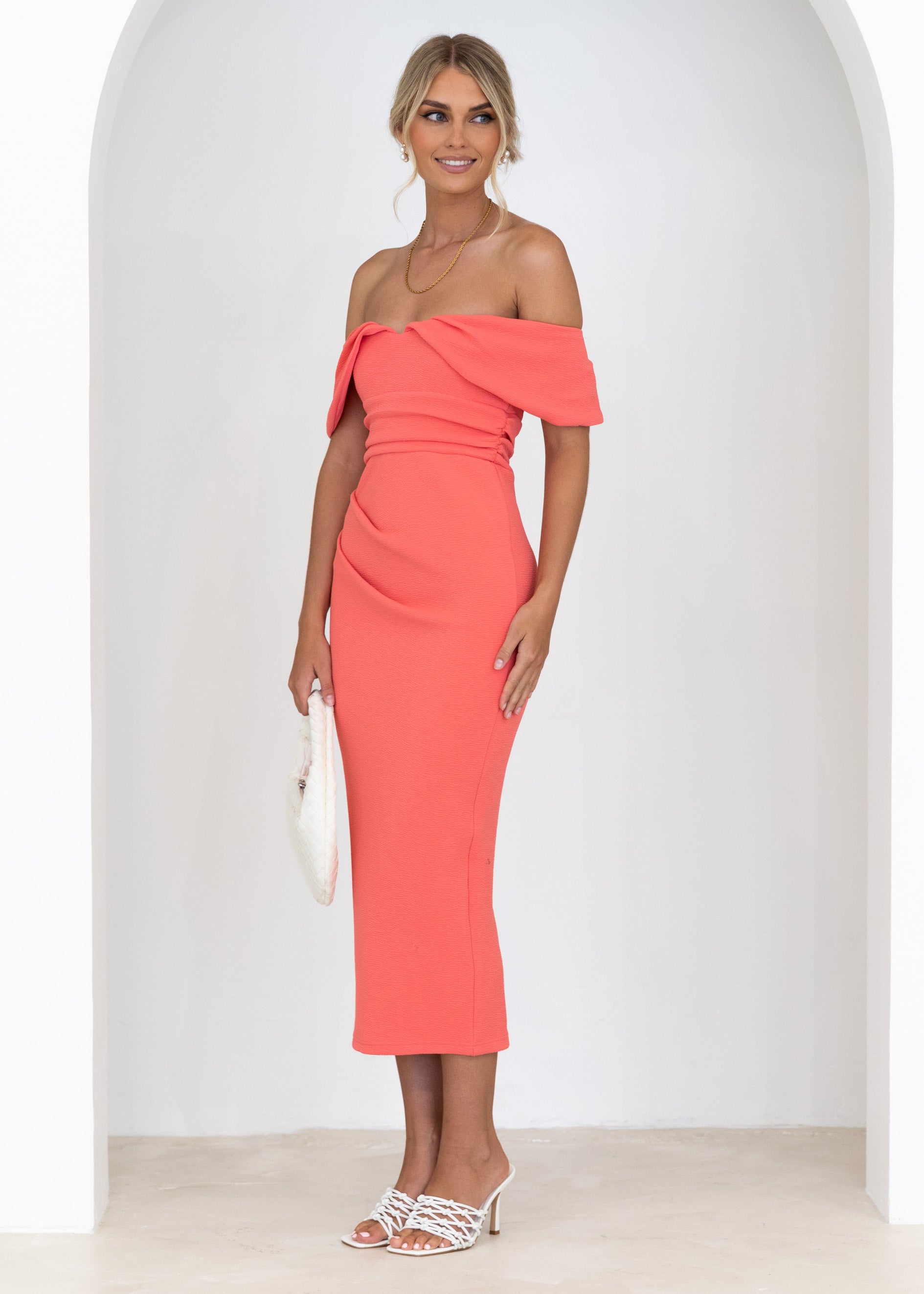 Valeria Off Shoulder Midi Dress - Watermelon