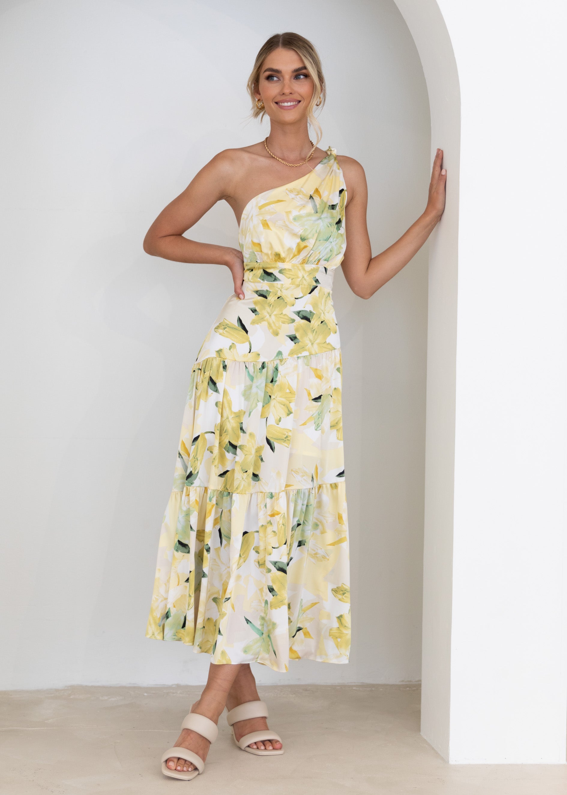 Rummi One Shoulder Midi Dress - Lemon Flowers