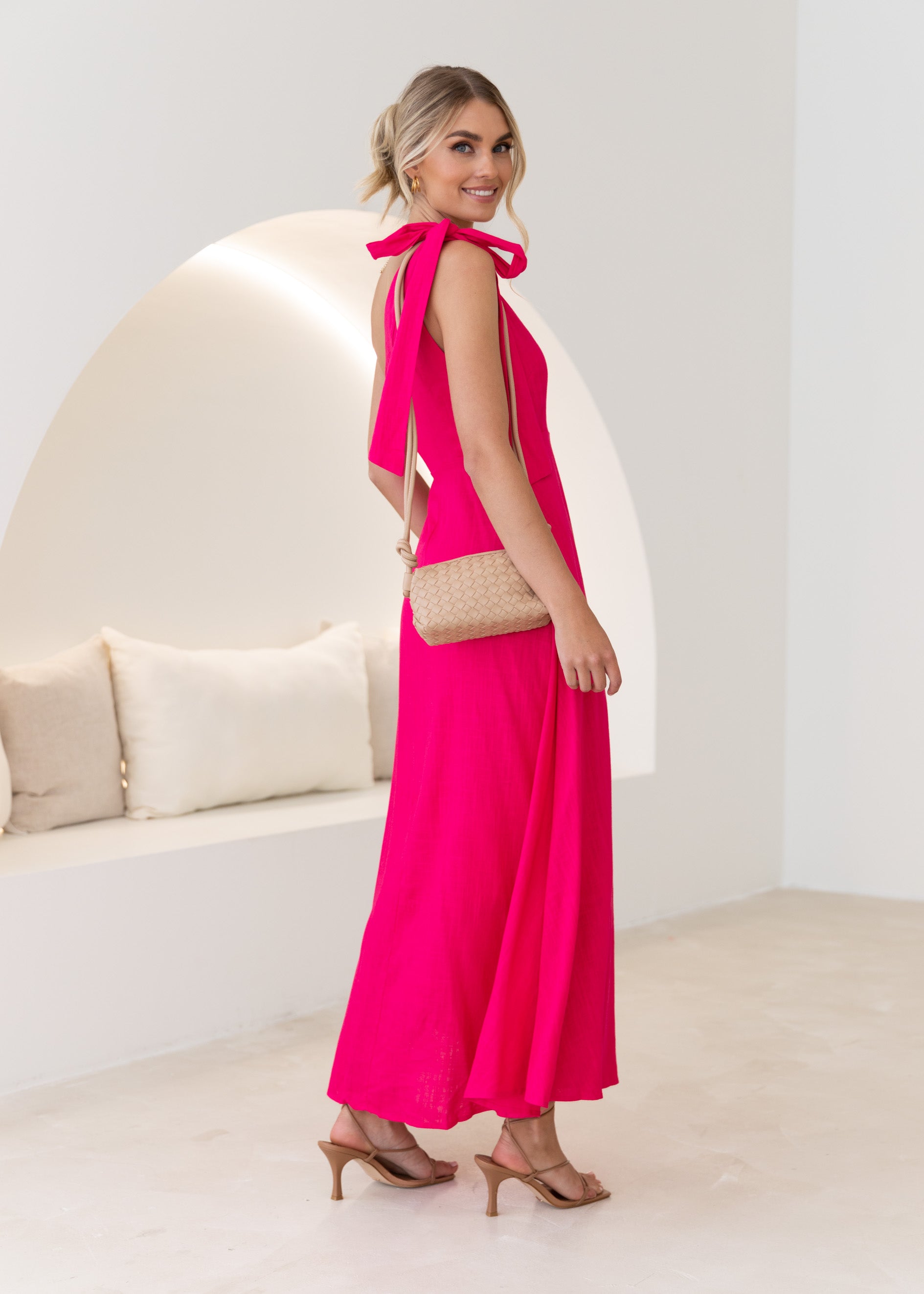 Nora One Shoulder Midi Dress - Hot Pink