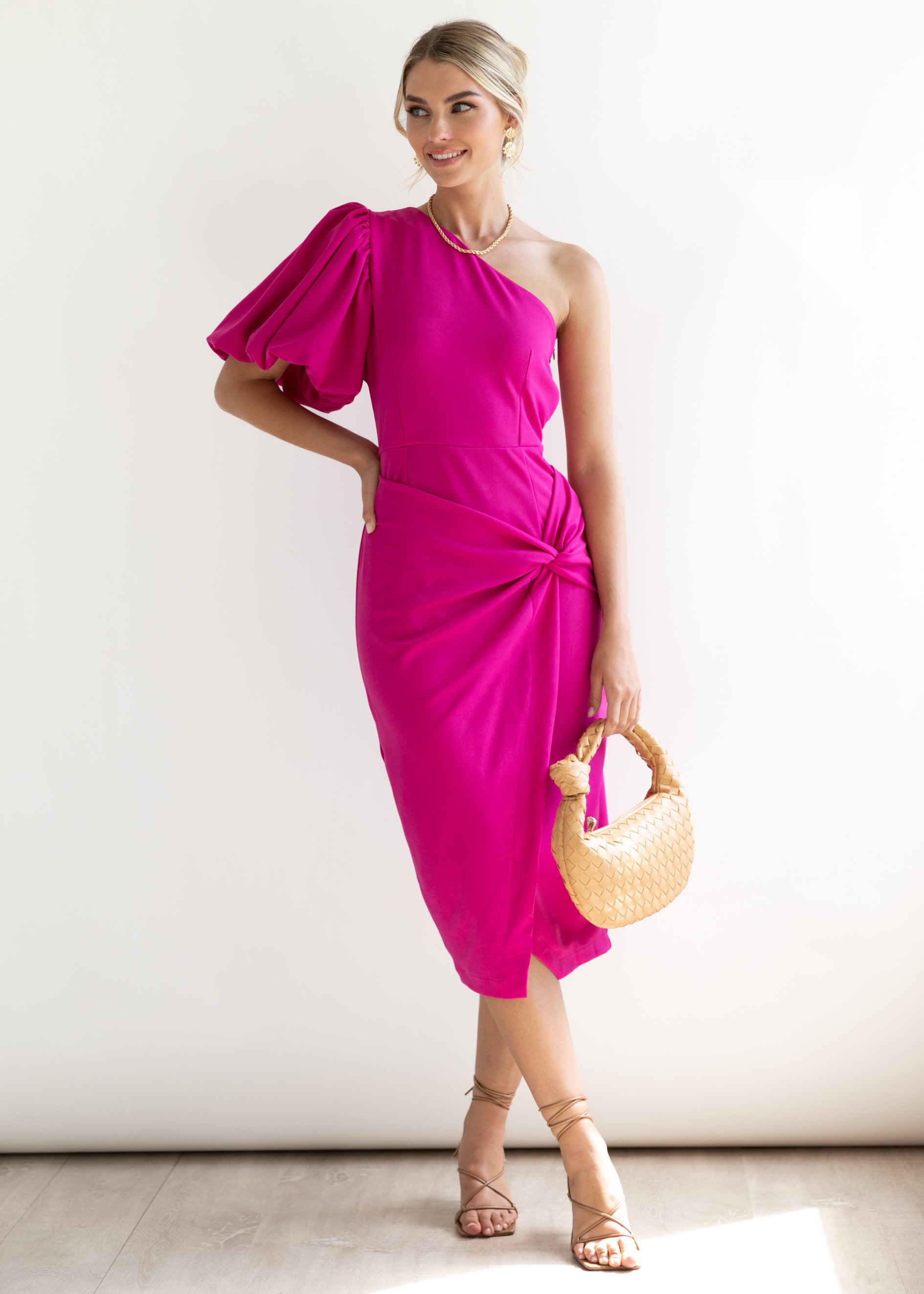 Elaia One Shoulder Midi Dress - Hot Pink