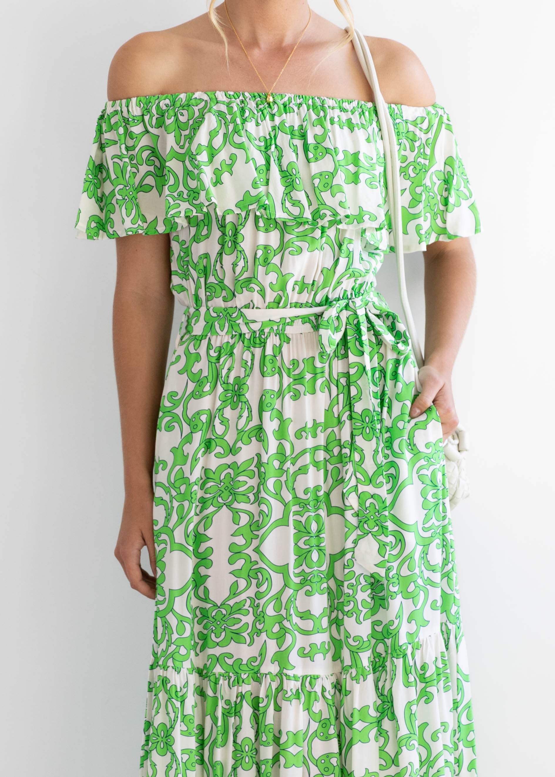 Jessel Off Shoulder Maxi Dress - Green Paisley