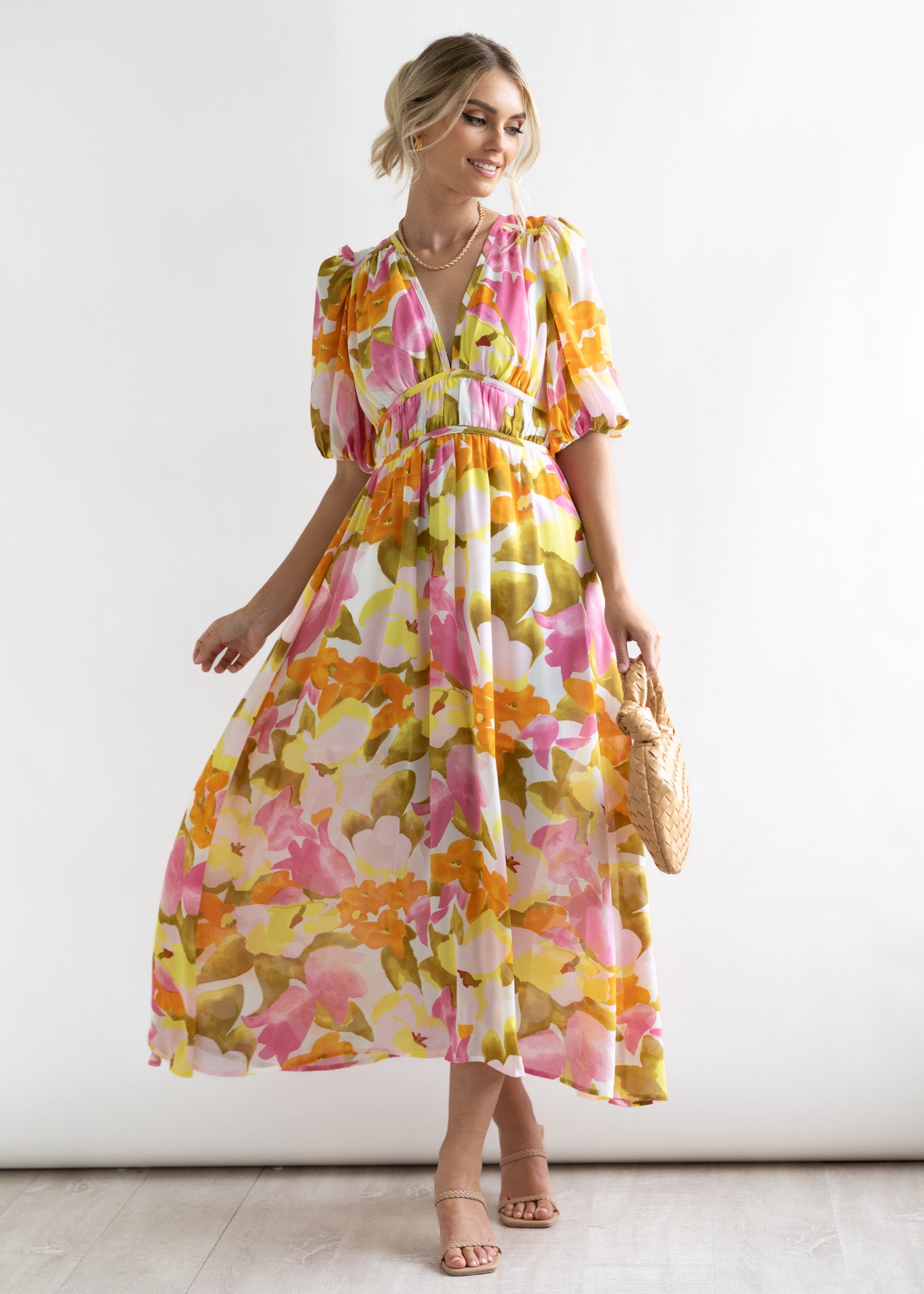 Zanette Midi Dress - Yellow Floral