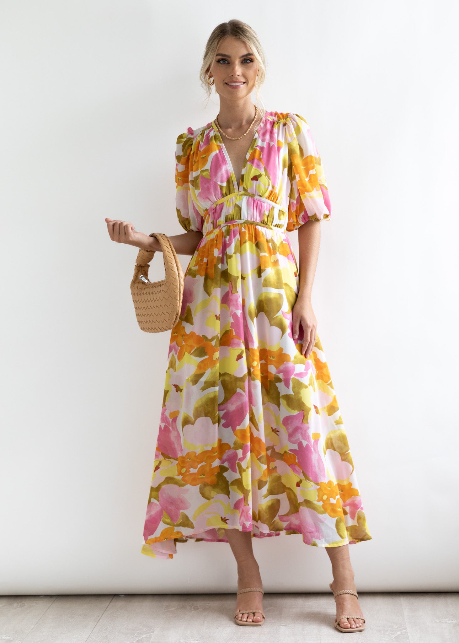 Zanette Midi Dress - Yellow Floral