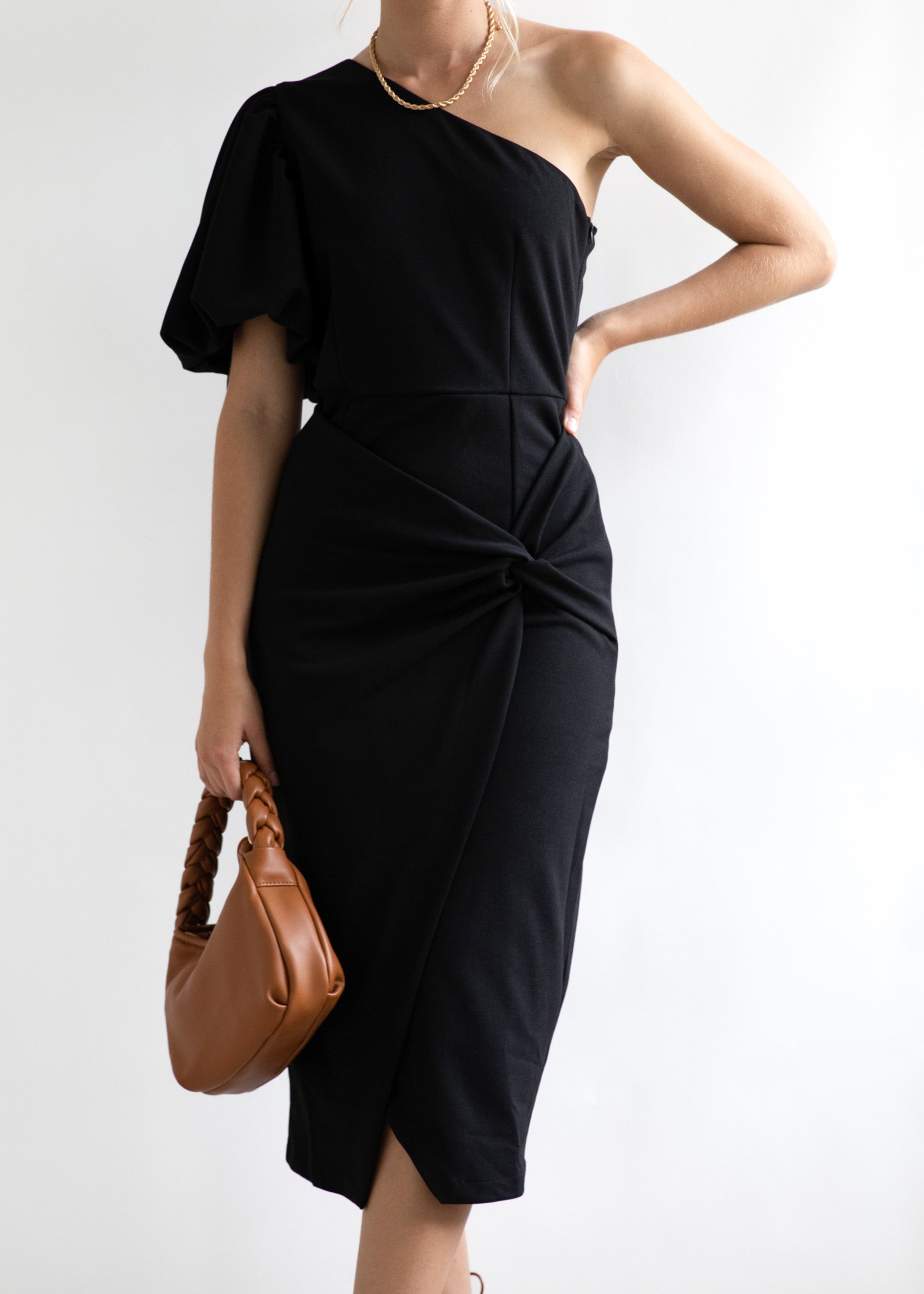 Elaia One Shoulder Midi Dress - Black