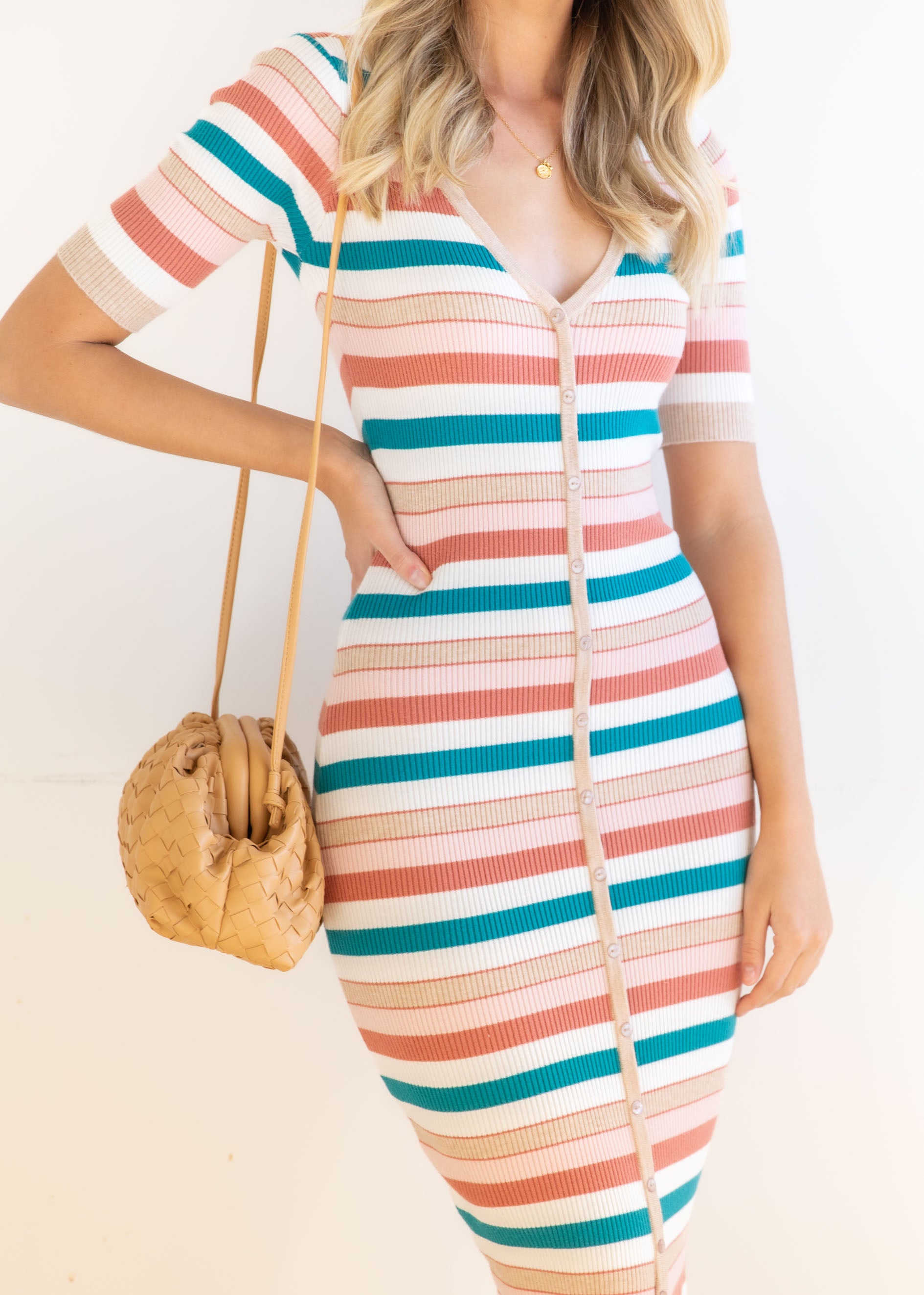 Gartier Knit Midi Dress - Blush Stripe